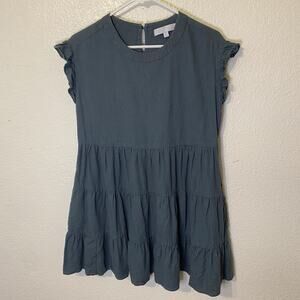 Adyson Parker Linen Blend Tiered Ruffle Pockets Mini Dress Green Size Small